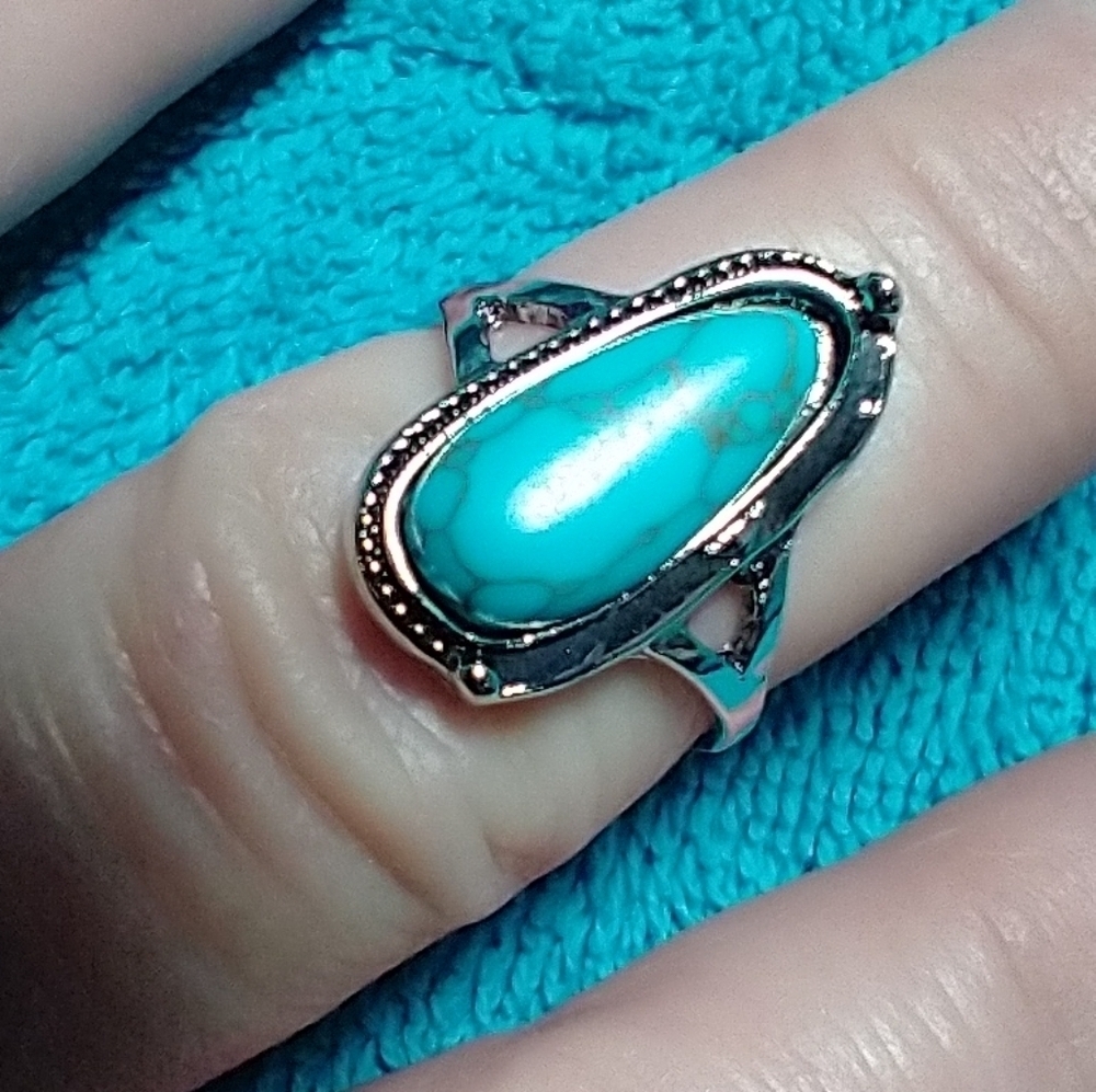 Silvertone faux turquoise blue stone ring